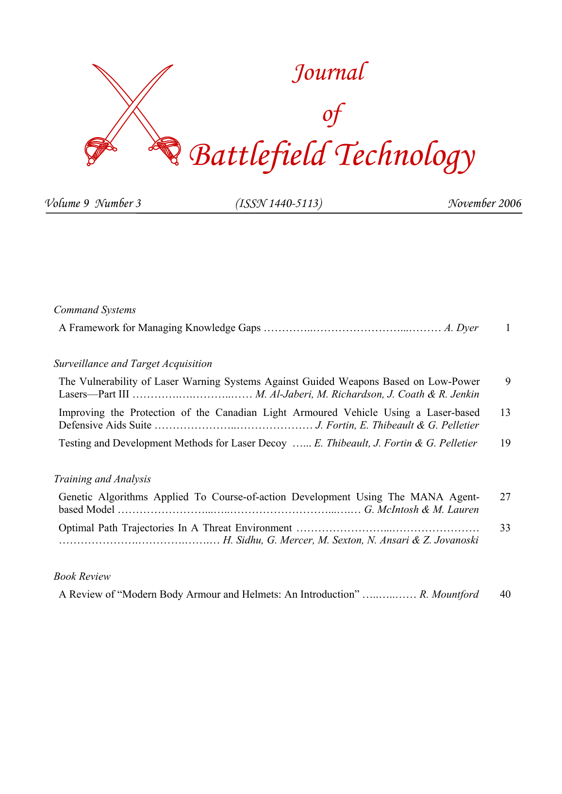 Journal of Battlefield Technology Volume 9, Number 3 cover