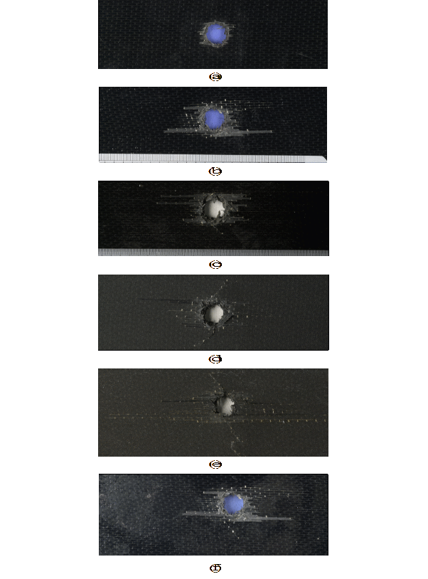 Visible damage caused by 12.7-mm projectiles. (a) and (b) Entrance and exit sides respectively, shot with no structural loading; (c)–(e) Exit sides, shot with 3,500 , 7,000 , and 9,000 structural loading respectively; and (f) Exit side, 9,000 structural loading applied after the panel was shot with no structural loading.
