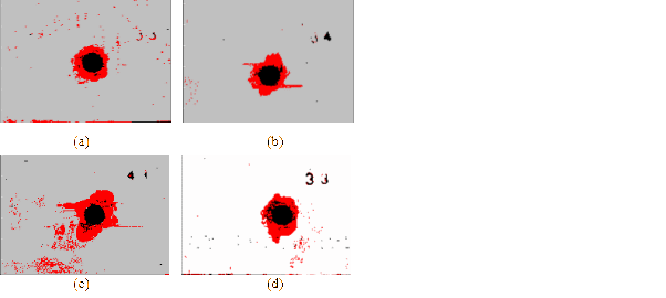 C-scan images of specimens with ballistic damage resulting from 20-mm projectiles. (a) Shot with no structural loading; (b)–(c) Shot with 7,000 and 9,000 structural loading respectively; and (d) 9,000 structural loading applied after the panel was shot with no structural loading.