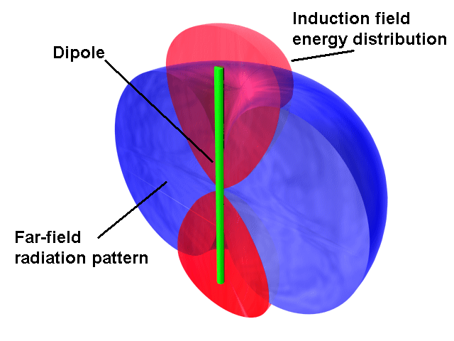 Cross-section showing the distribution of induction and radiating fields close to a dipole.
