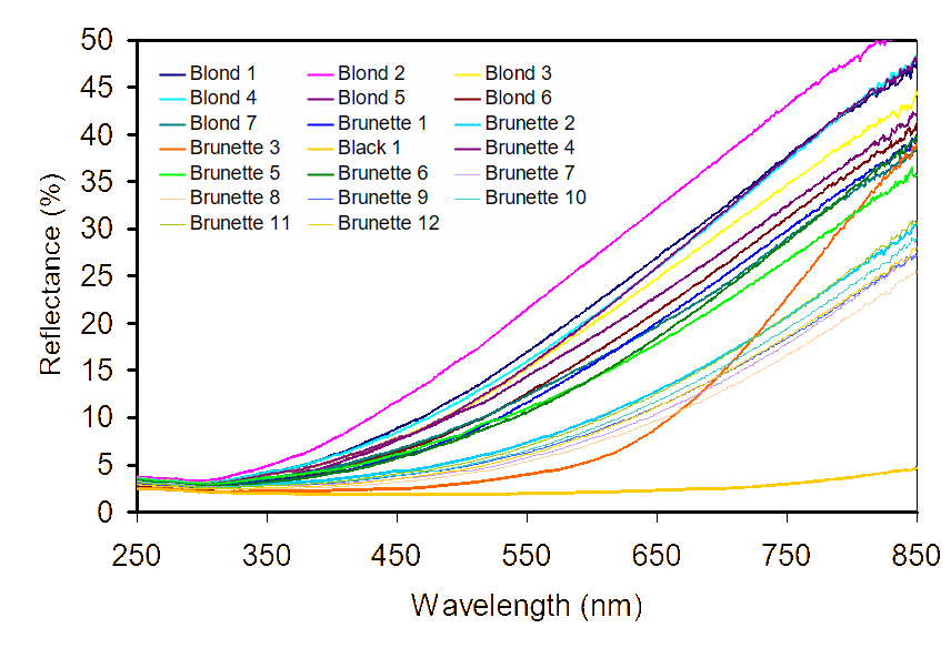 Spectra of hair samples from 250 nm to 850 nm.