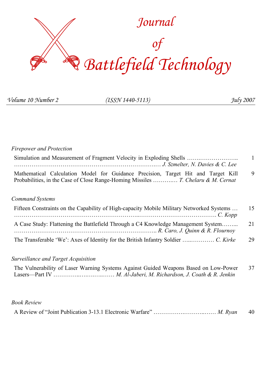 Journal of Battlefield Technology Volume 10, Number 2 cover