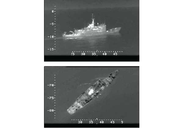 Unprocessed mid-wave IR images of Quest. Upper panel: A near range image at an altitude of 30 m taken in Leg B. The sun is behind the camera. Note the strong signal from the stack and several highly reflecting spots. Lower panel: An almost overhead image from an altitude of 300 m taken in Leg C. The sun is below the horizon (See Table 1) on port. Note the detail on the Quest’s decks and the strong signal in the port bow wake.