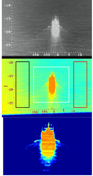 Upper panel: Upper panel: A near range raw image from the Wescam MX-20 from the fifth pass in Leg A. Middle panel: An intermediate step in the image processing. The tilted horizon has been corrected and cross-hairs removed. Ship (white square), left (black rectangle) and right (red rectangle) background regions are shown. Lower panel: Contrast, after thresholding, between the ship region and the horizontally-averaged left background region. Whereas, most non-zero pixels are on the ship, there is significant contribution from the wake and from reflections off the sea surface.