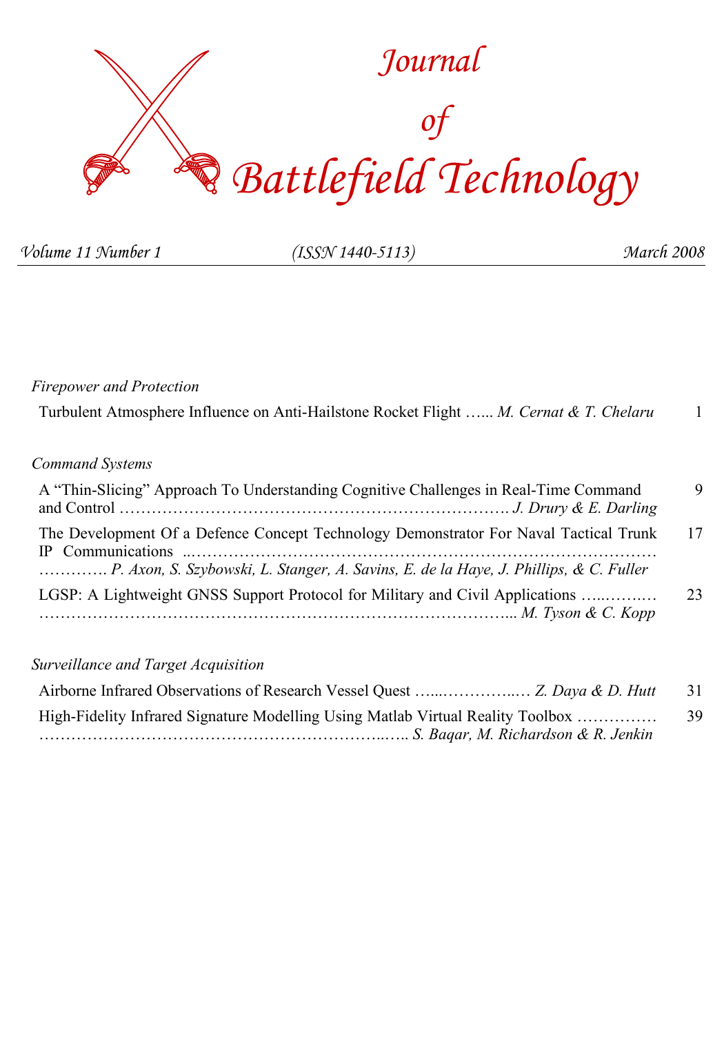Journal of Battlefield Technology Volume 11, Number 1 cover