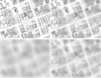 Visual representation of degraded RPEA models. Clockwise from top left, blur radiuses of 2m, 5m, 10m, 20m.