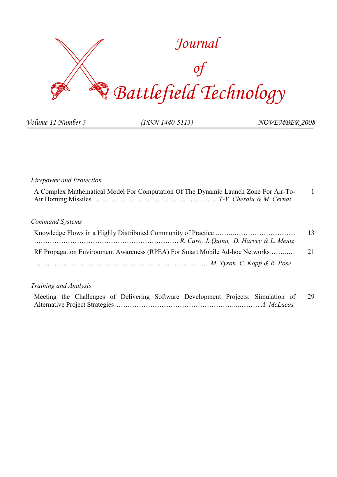 Journal of Battlefield Technology Volume 11, Number 3 cover