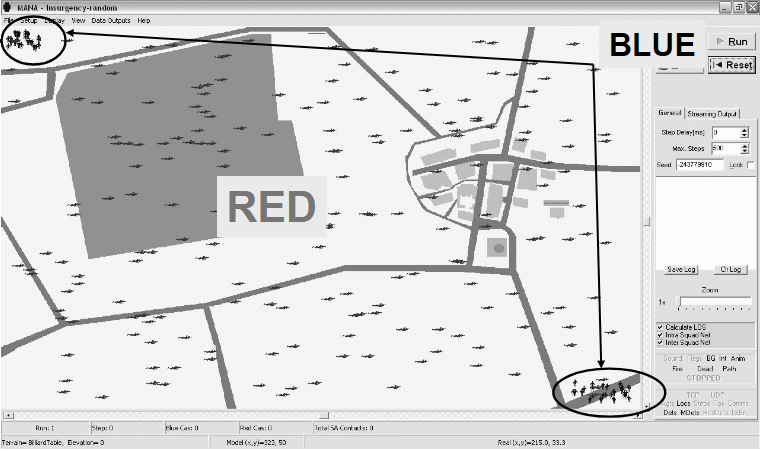 Screen capture for Scenario 2 (manoeuvring forces). BLUE (darker, standing) will move in a zigzag pattern among the RED (lighter grey, prone).