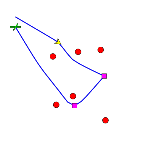 The aircraft has proceeded along the planned path, encountered a pop-up threat, and recalculated the path to avoid the new threat.