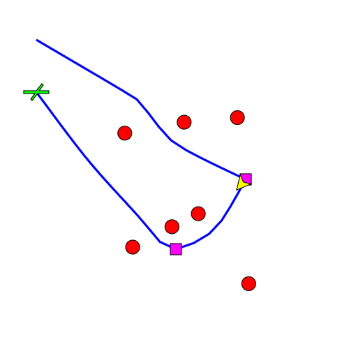 The aircraft has passed its first waypoint and encounters another pop-up. The model again quickly determines the optimum path around the new threat.
