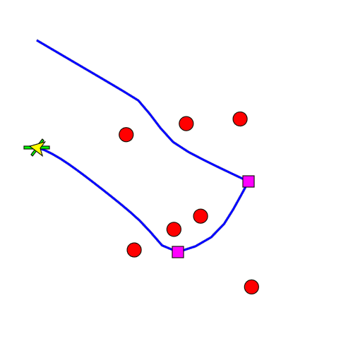The aircraft has returned to the aircraft carrier, which is now in a different location, having achieved both mission objectives with no further changes in the threat environment. Note the curving path from the last objective to the carrier due to the carrier continuously moving.