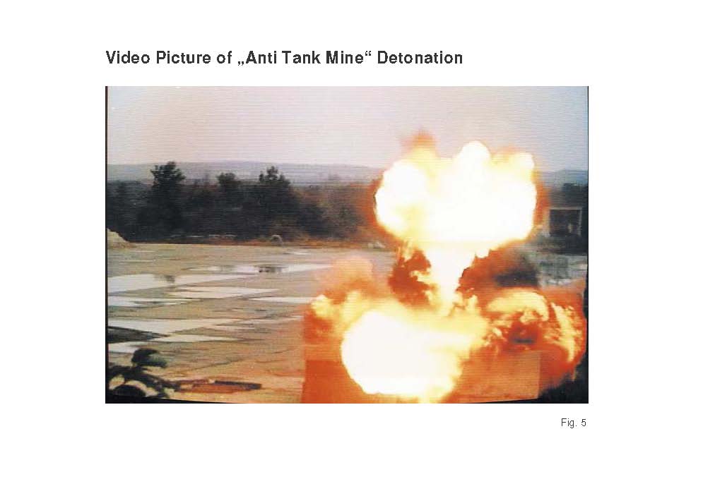 Video frame of the focused blast wave in the charge axis of a 5-kg HE disc with a length to diameter ratio of 1/3.