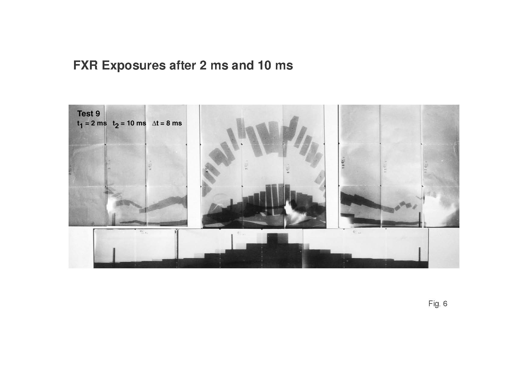 Flash X-ray picture of the momentum gauges above the AT mine after 2 ms and 10 ms delay time after charge detonation.