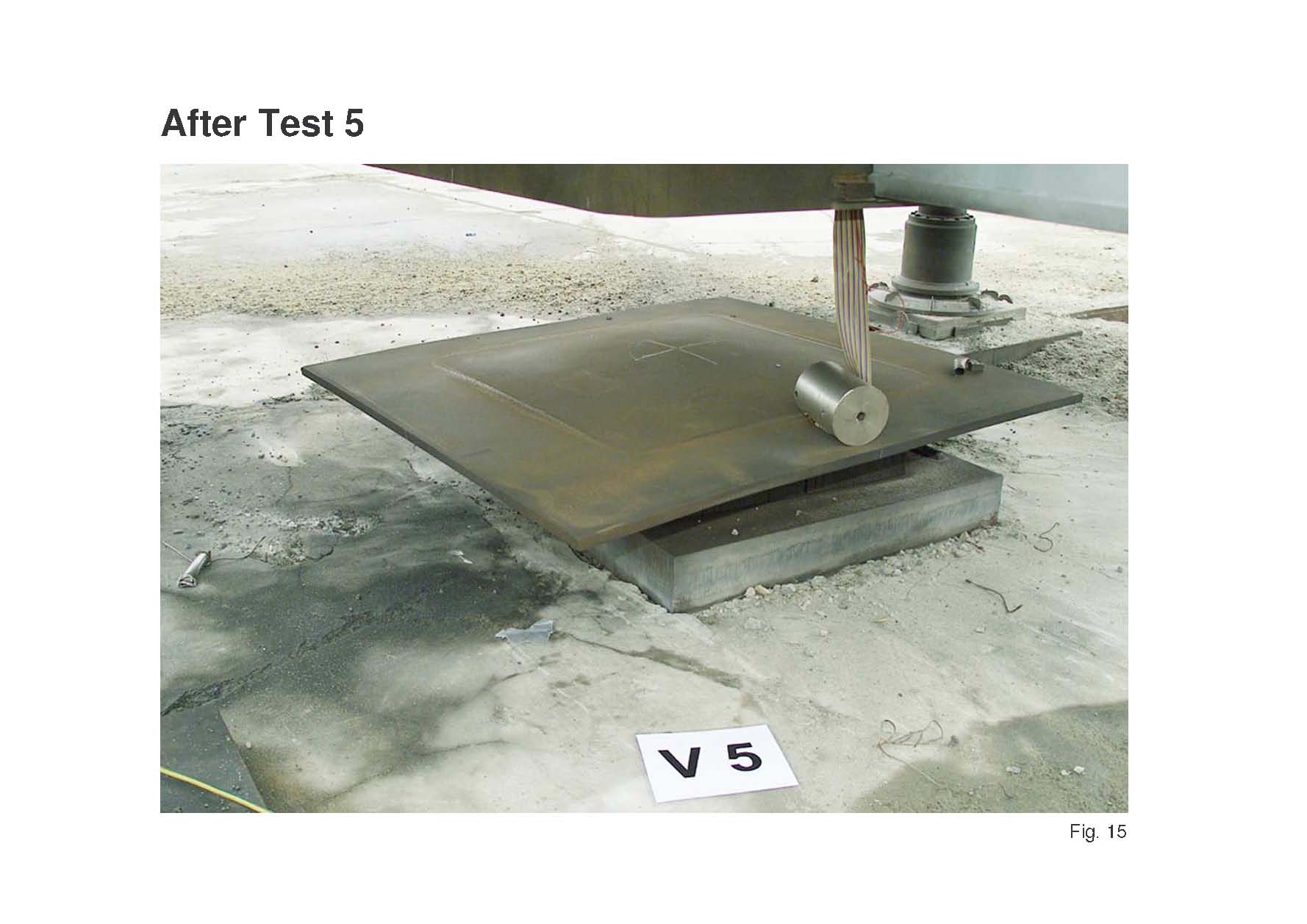The deformed test plate after the test with the drag mass.