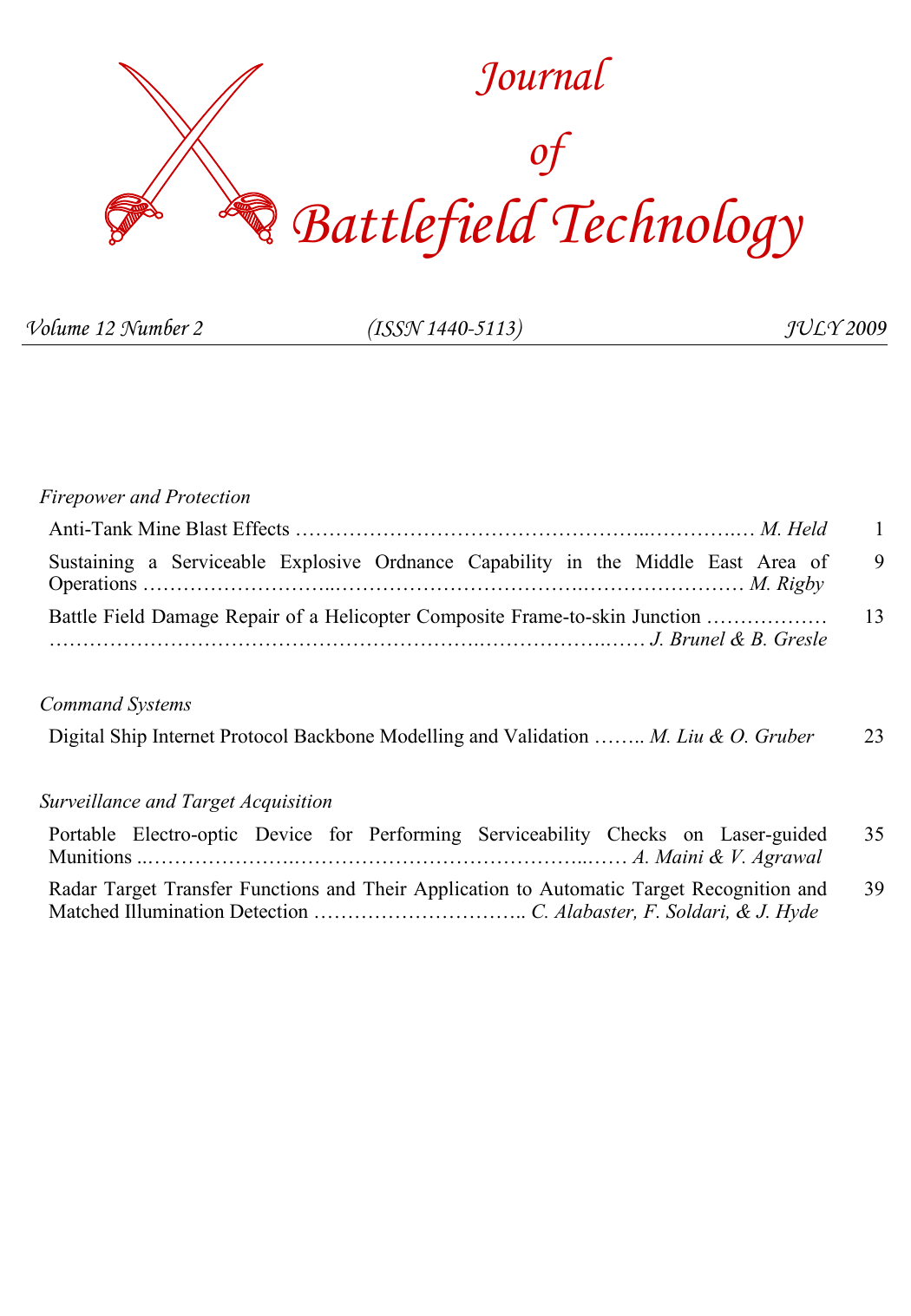Journal of Battlefield Technology Volume 12, Number 2 cover