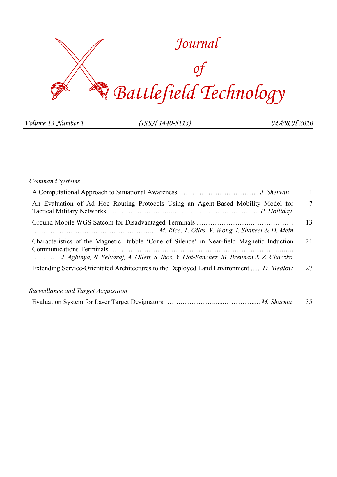 Journal of Battlefield Technology Volume 13, Number 1 cover