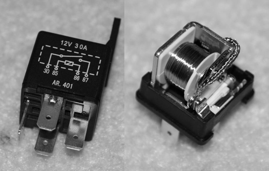 The tested relay, with the plastic shell removed on the right hand side.