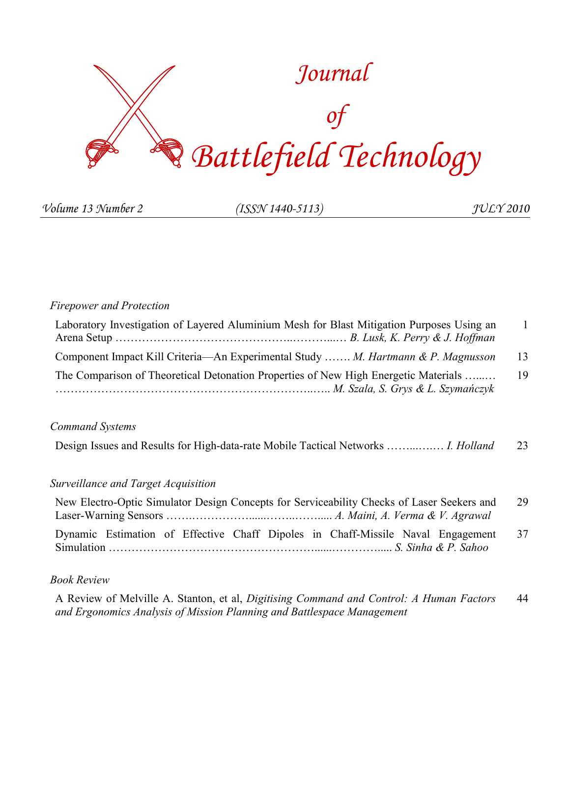 Journal of Battlefield Technology Volume 13, Number 2 cover