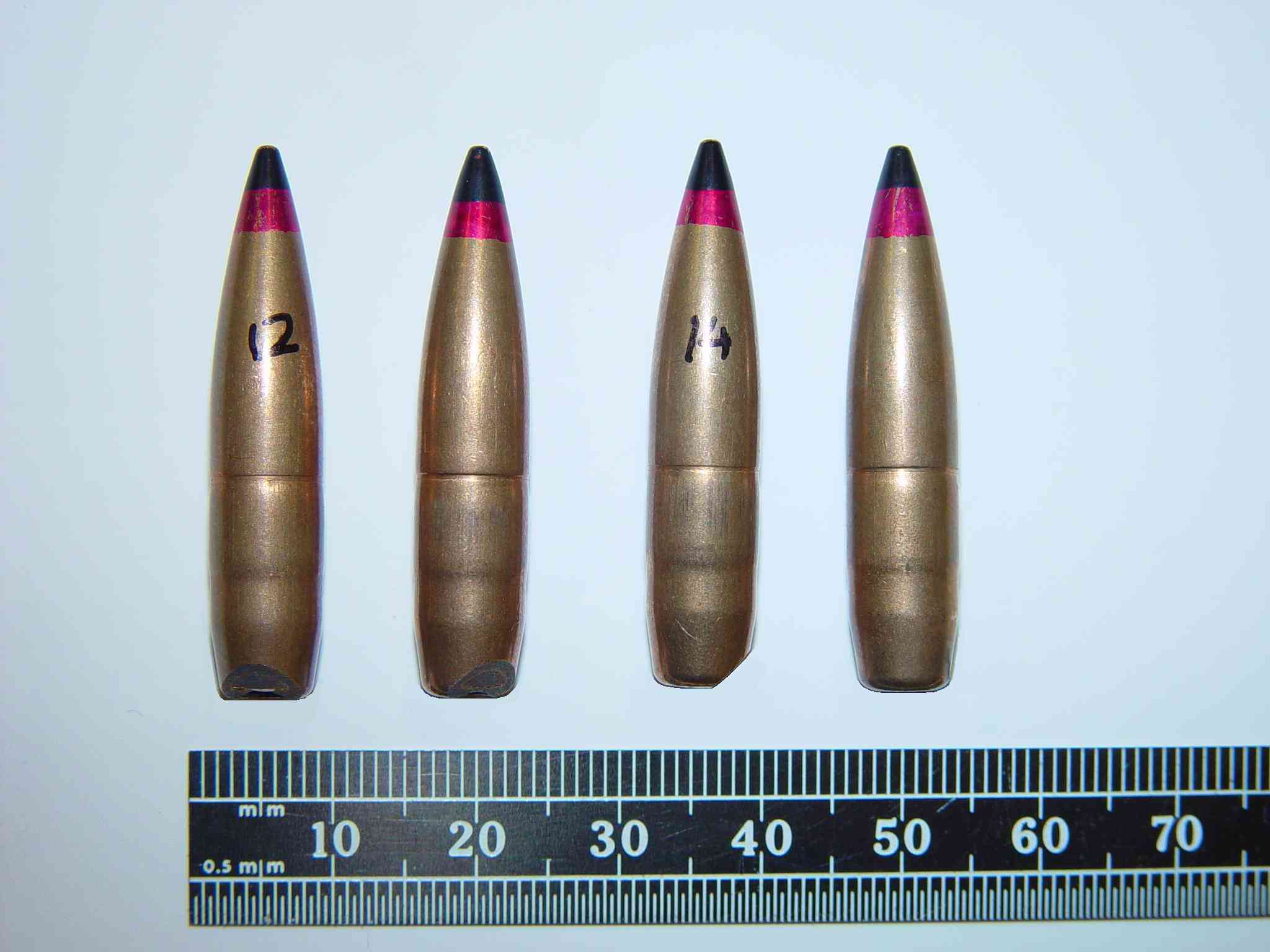Chamfered base of B32-API projectiles to induce yaw.