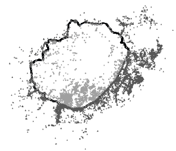 Violent incidents distribution in Afghanistan from 2006 to mid 2009 (top), together with a log density map (bottom, shading scale is {blacklight grey} ~ {103100} incidents). North corresponds to the vertical axis.
