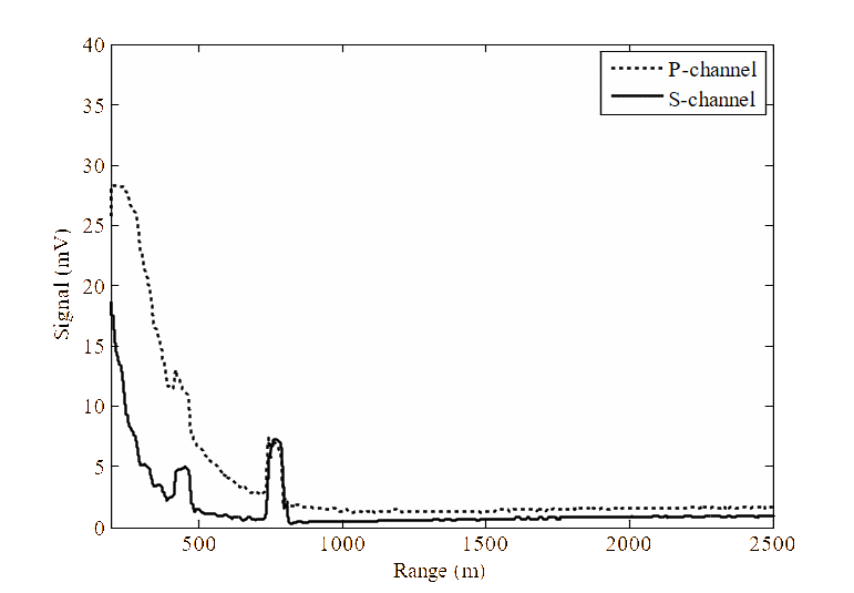 Depolarization signal measured from the two different targets (S channel – perpendicular component, P channel – parallel component).