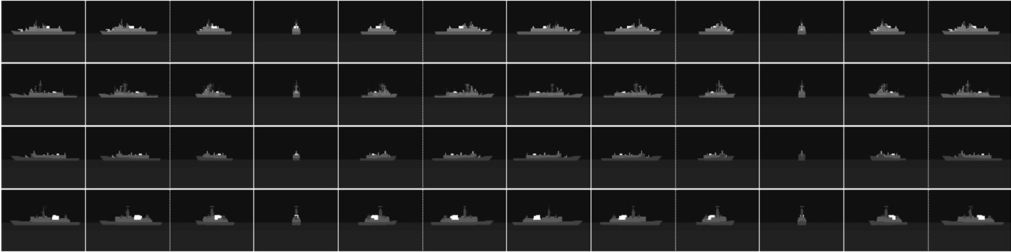 The model database images of the four ships. The images for each ship span a single row in the figure. The row order of the ships is Frigate A, Frigate B, Frigate C and Corvette A respectively. Each row consists of a complete series of views of the ship as the imager is moved from 0° to 330° anti-clockwise around it in azimuth in steps of 30°.