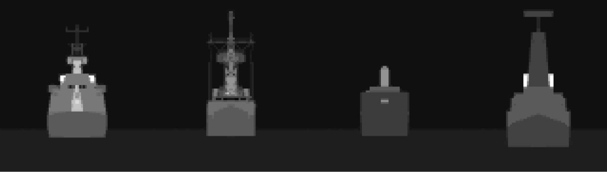 Front view of all ships (viewer-ship line of sight 270°) showing a comparison of detail (from left to right, Frigate A, Frigate B, Frigate C and Corvette A)