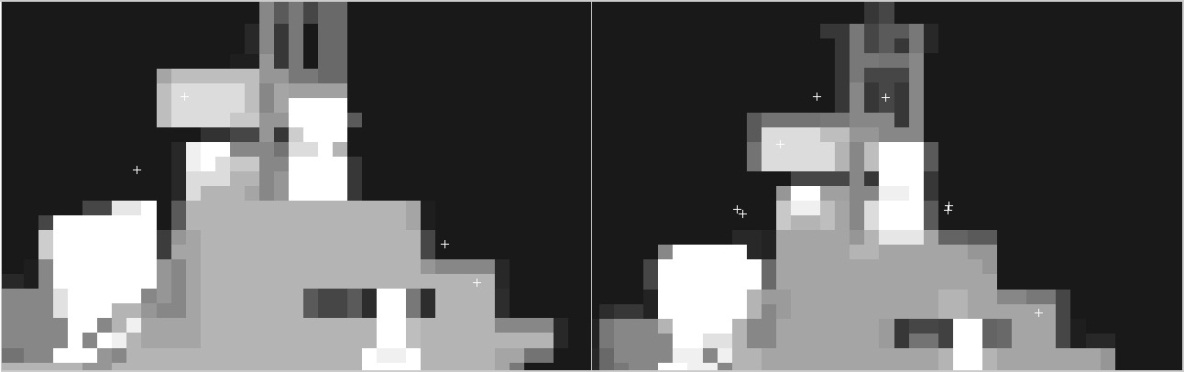 Frigate A at viewer-ship LOS angle of 260°, at 2700m (left) and 3000m (right) showing an increase in texture in the areas marked with arrows. The crosses indicate features.