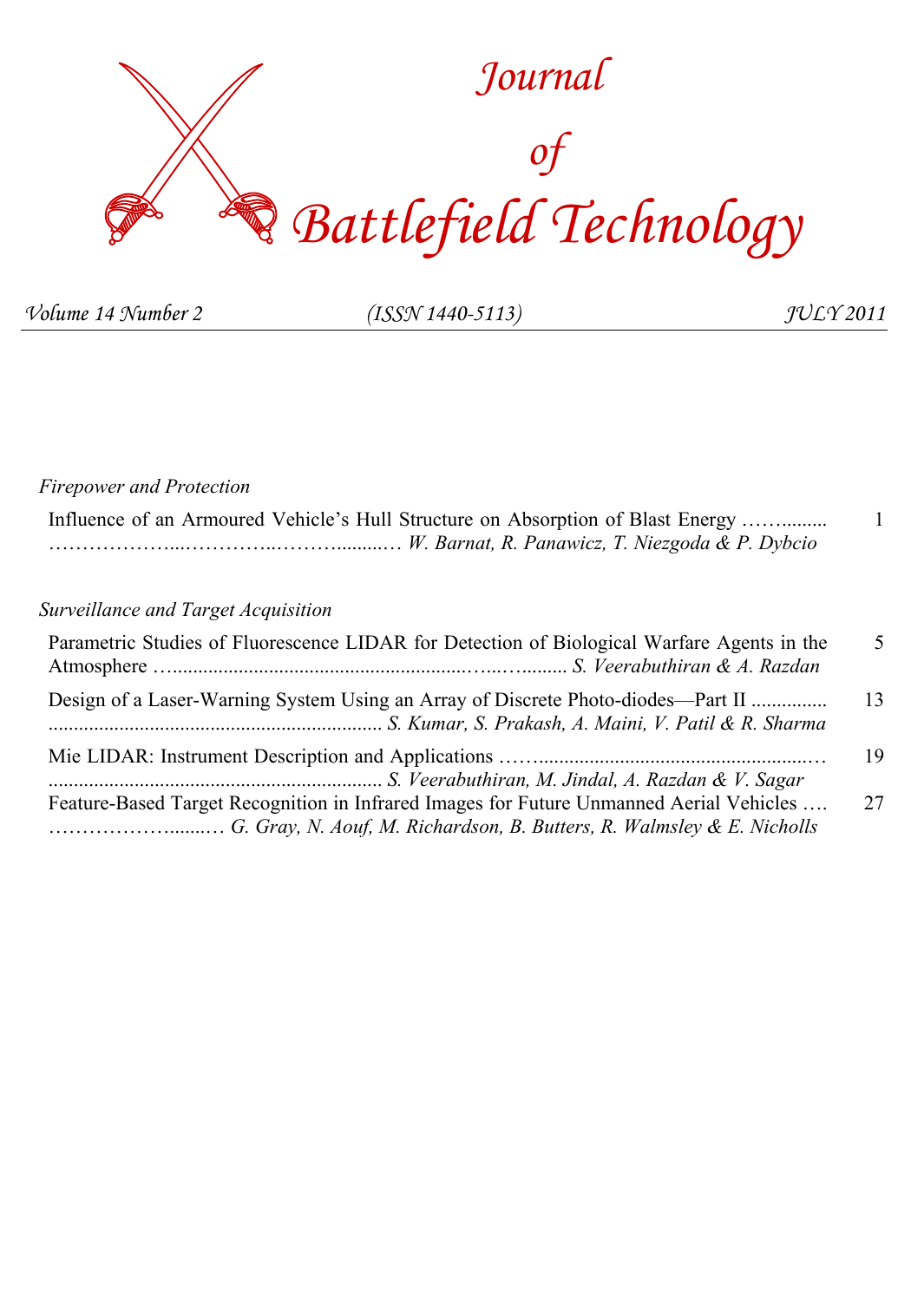 Journal of Battlefield Technology Volume 14, Number 2 cover
