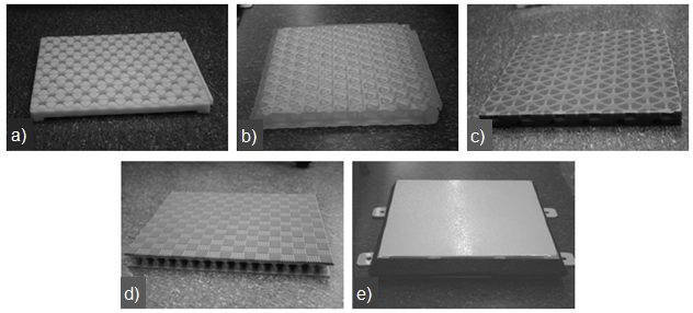 The energy-attenuating floor mat products tested: a) Uniprene MitiGator, b) Monprene MitiGator, c) Urethane MitiGator, d) Skydex, and e) Allen Vanguard Foot Pad.