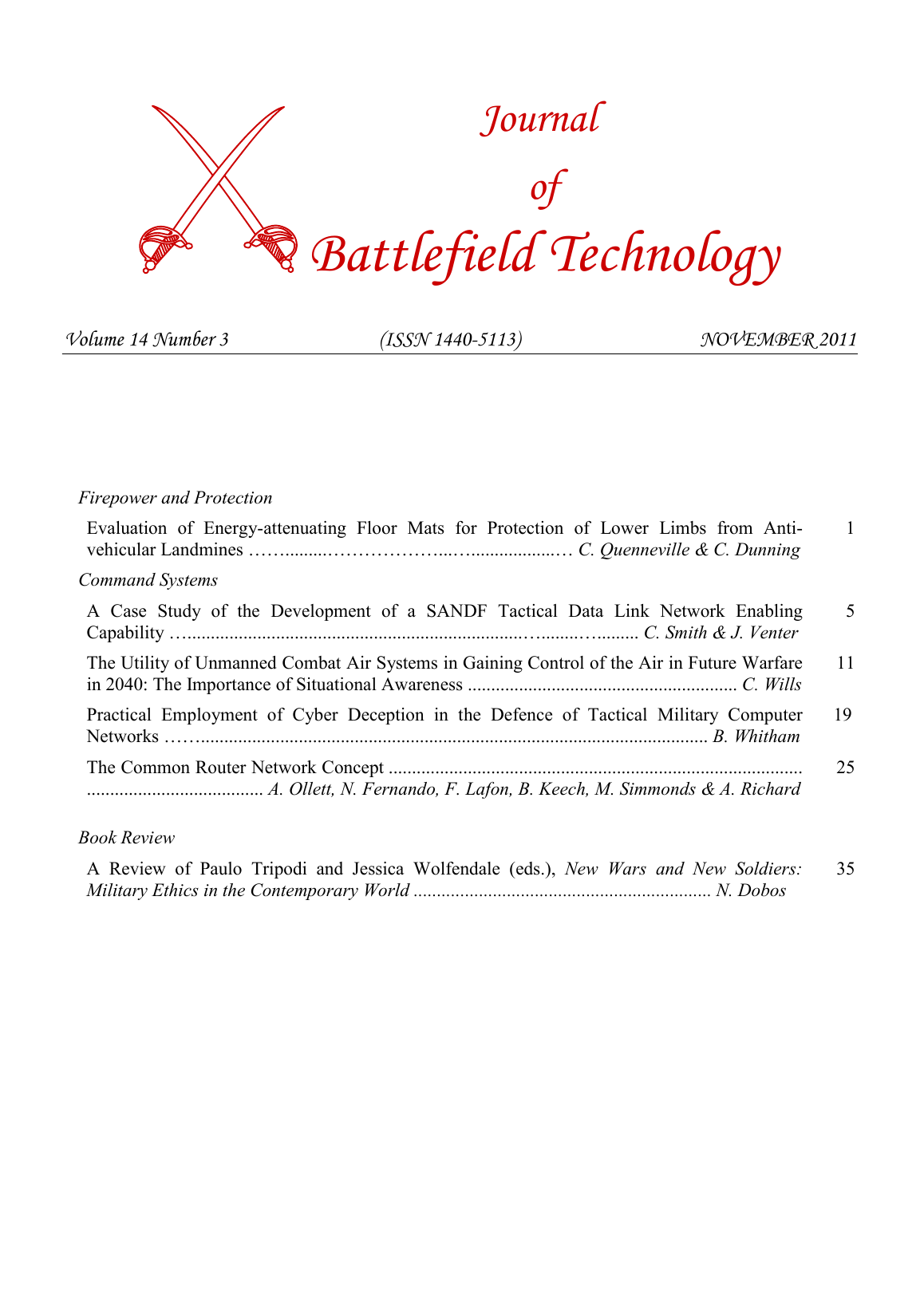 Journal of Battlefield Technology Volume 14, Number 3 cover
