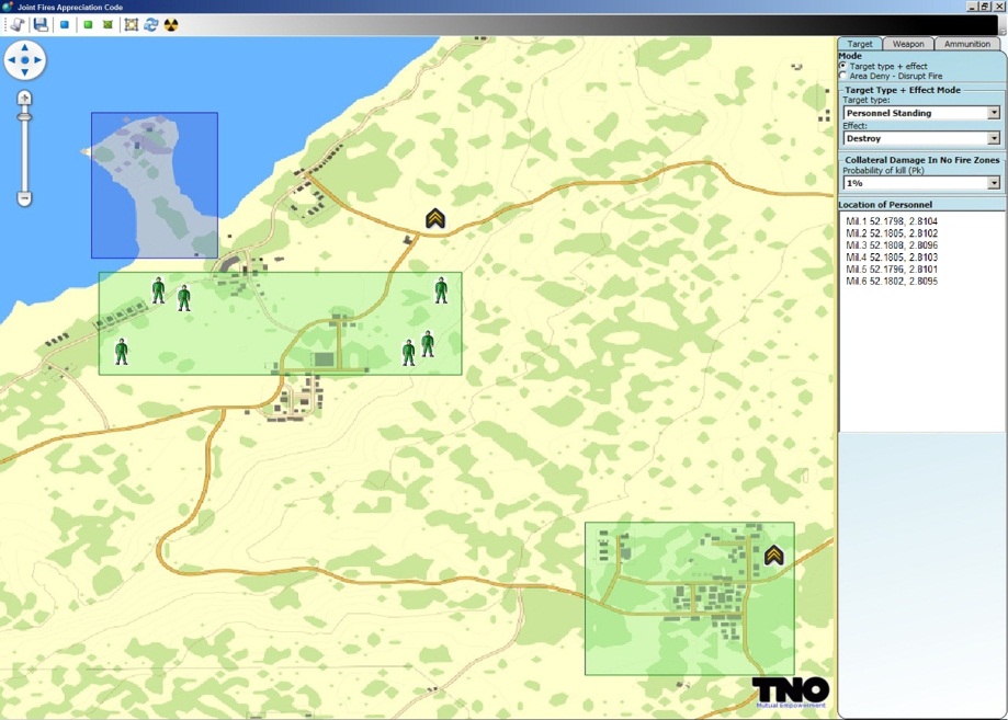 Screenshot of the Joint Fires Appreciation Code displaying own troops and weapon systems, target area (blue) and no effect areas (green).