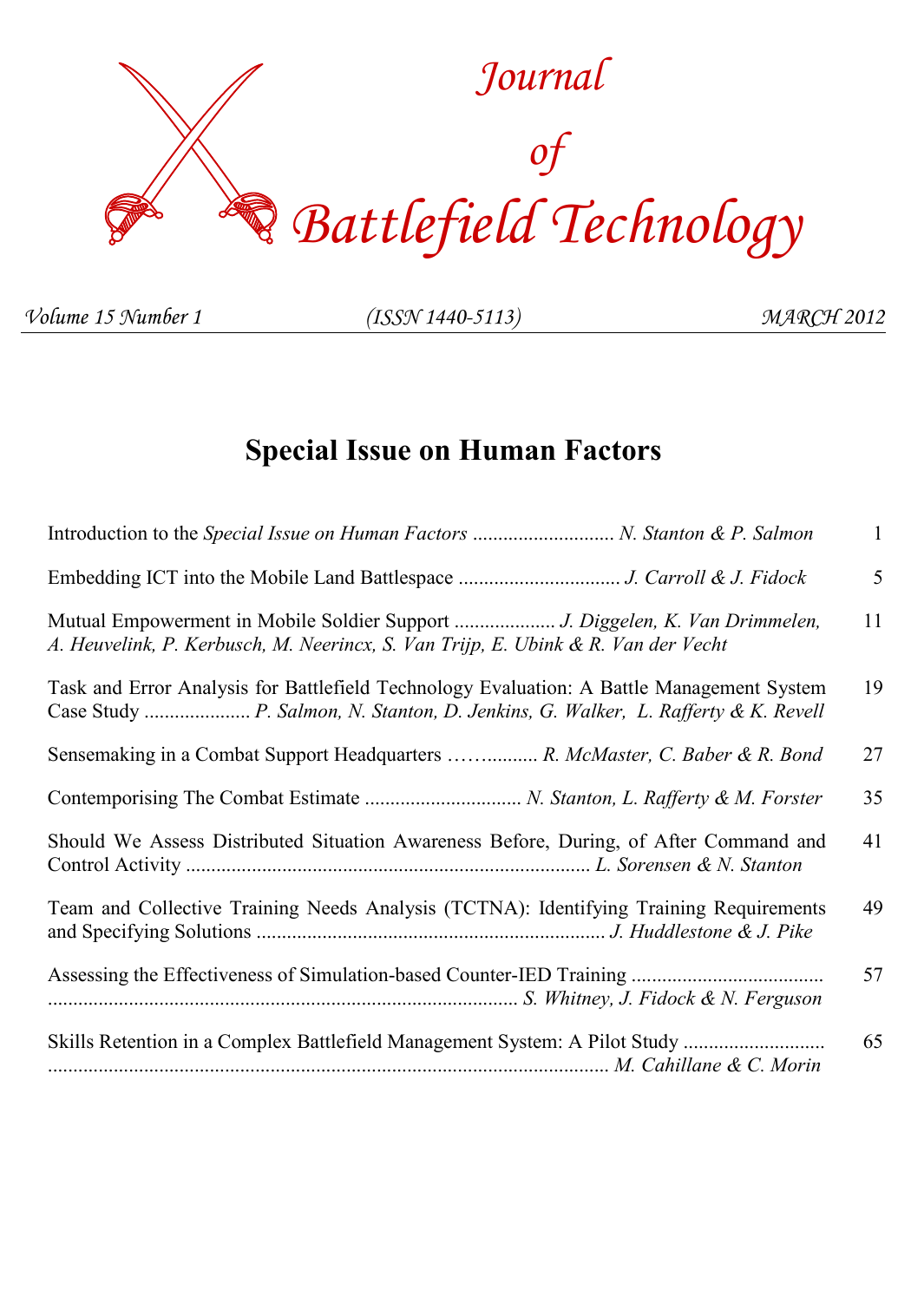 Journal of Battlefield Technology Volume 15, Number 1 cover
