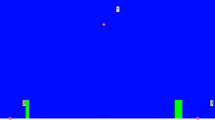 Sample AUTODYN model setup. Air is blue in colour, aluminium blocks in green, and numbered red dots are the gauge points.