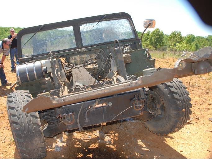 Post-test: Humvee with aluminium mesh on undercarriage.