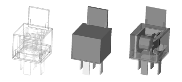 Illustration of the relay as an AVAL target description. Wireframe view to the left, shaded in the centre, and shaded with transparency to the right.