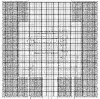 Example of grid and hit points (light grey) and rays that missed the target (darker grey) when fired at the front side (Ψ=0º).