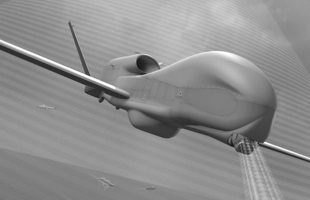 Artist view of an EO multifunction sensor mounted on the nose of a MQ-4C Global Hawk UAV (Courtesy of Northrop Grumman Canada).