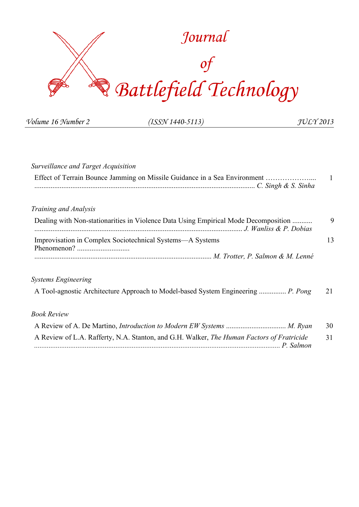 Journal of Battlefield Technology Volume 16, Number 2 cover
