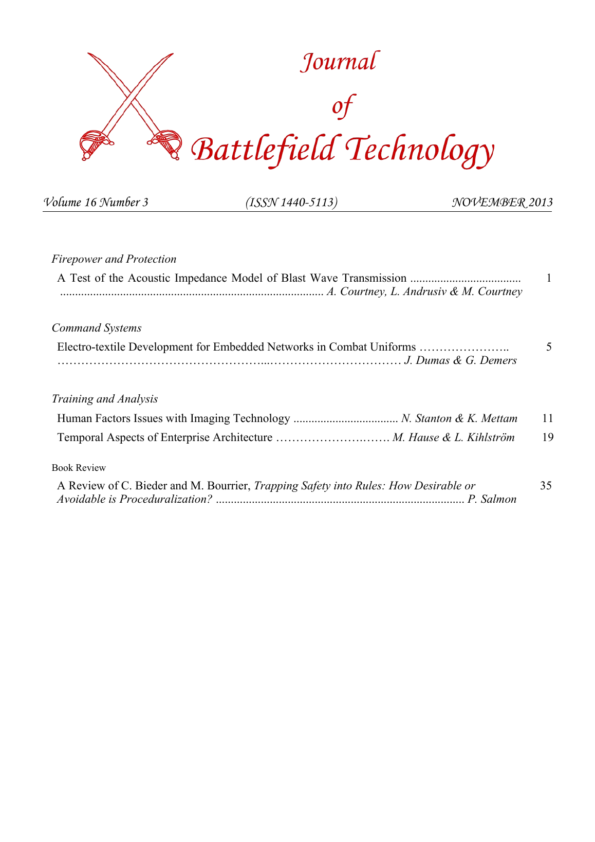 Journal of Battlefield Technology Volume 16, Number 3 cover