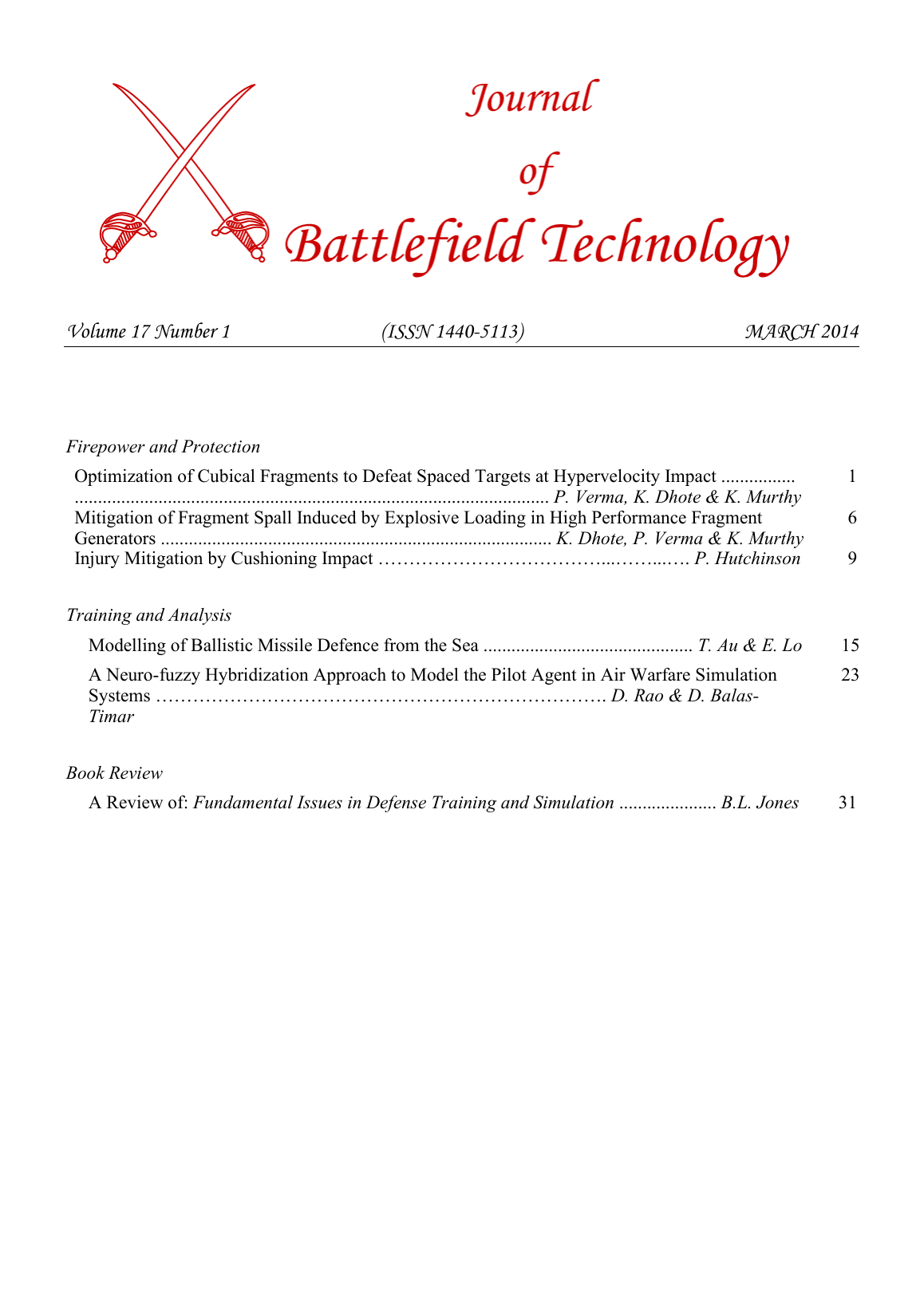 Journal of Battlefield Technology Volume 17, Number 1 cover