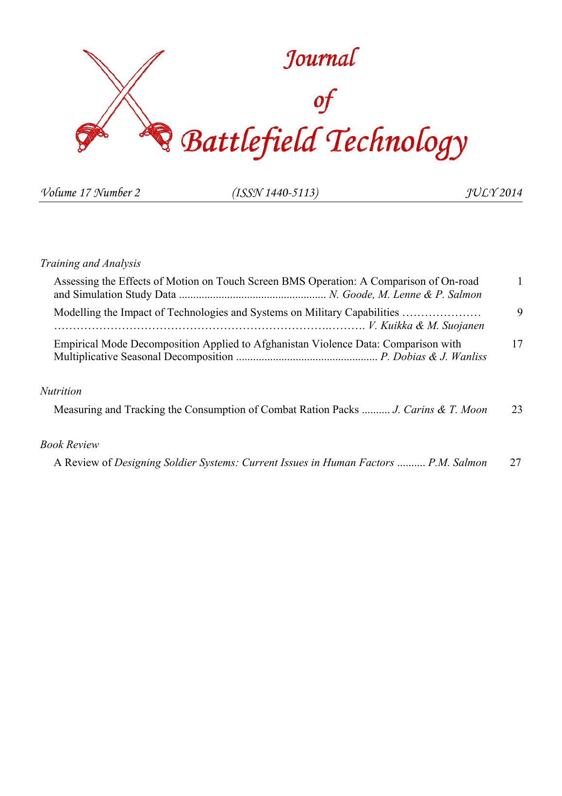 Journal of Battlefield Technology Volume 17, Number 2 cover