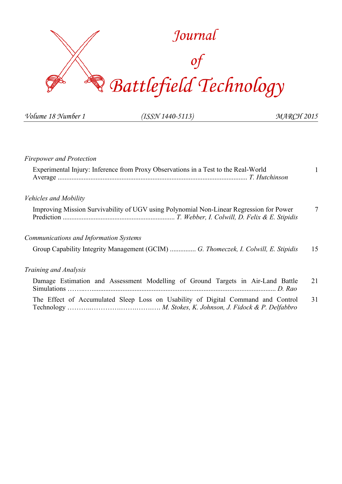 Journal of Battlefield Technology Volume 18, Number 1 cover
