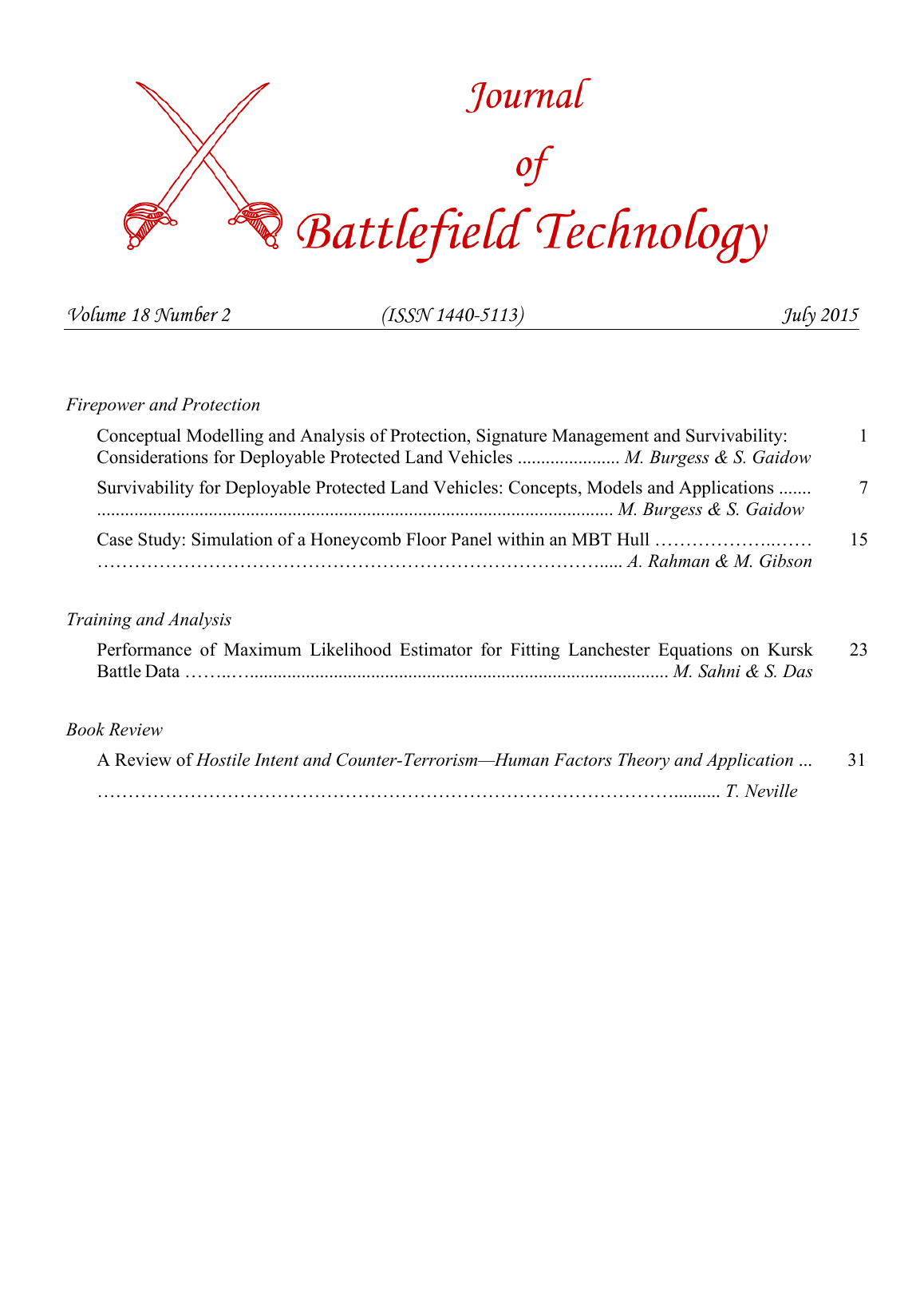 Journal of Battlefield Technology Volume 18, Number 2 cover