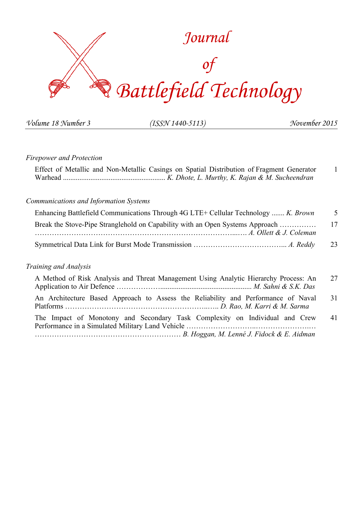 Journal of Battlefield Technology Volume 18 Number 3 cover